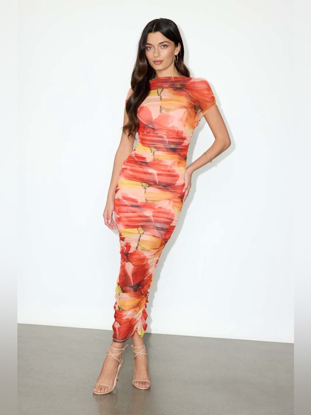 Lulu's Sunama Orange Floral Mesh Ruched Bodycon Midi Dress Size XXS - C72-103